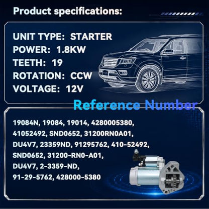 431200-RN0-A01 19084N Starter Motor for 2009-2014 Honda Pilot, 2011-2013 Honda Odyssey V6 3.5L & 2010-2011 Acura TL, V6 3.5L 3.7L, 12V 1.8KW 19 Teeth CCW - size: 41052492