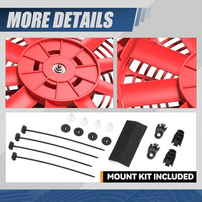Auto Dynasty 12" Universal 12V Electric Radiator Cooling Fan Kit, Red - color: Red, size: 12 Inch Diameter