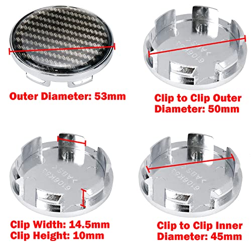 Modengzhe Center Caps for Rims,53mm Wheel Rim Hub Center Covers Replacement Compatible with Chevrolet if Applicable 50mm Lug to Lug Dia,Chrome Base & Thickned Carbon Fiber Sticker,Pack of 4 - color: Silver with Fiber, size: Outer 53MM,Inner 50MM