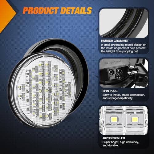 Nilight Trailer Tail Lights 2PCS 4Inch Round 40LED White Lens Surface Mount - color: White 2Pcs 40Led, size: 4 Inch