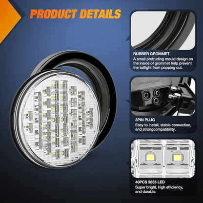 Nilight Trailer Tail Lights 2PCS 4Inch Round 40LED White Lens Surface Mount - color: White 2Pcs 40Led, size: 4 Inch