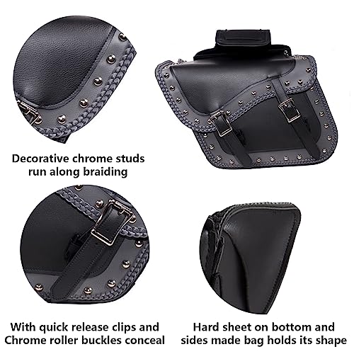 GARGOYLE BELLS Motorcycle Saddle Bags Studded PVC Motorcycle Luggage Bag with Gun Holsters For Softails Sportsters and Choppers Waterproof Tool Bags - size: 14" x 12" x 10.5", style: Style 1-with Studs and Braids