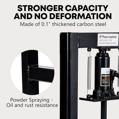 GAOMON 6 Ton Hydraulic H-Frame Shop Press – Heavy Duty Manual Hydraulic Press with Adjustable Bed, Stamping Plates, Worktable – Auto Repair, Metalworking, Garage, Engine Bearing Removal – 6T, Black
