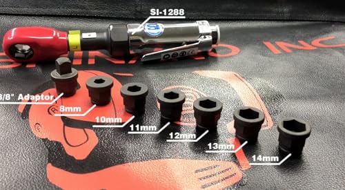 SHINANO SI1288 3/8" Pneumatic Mini Thru Ratchet Set - 6 Sockets (8-14mm), 45Nm, Made in Japan - For Tight Spaces, Engine Work