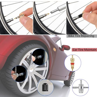 Tire Valve Stem Removal Tool Kit, R134A R12 A/C Schrader Valve Stem Core Remover Tool for Car Bicycle Tyre RV Truck, 4 Schrader/Presta Valve Caps, 6Pcs Valve Core, 3 Automotive Tools Wrench