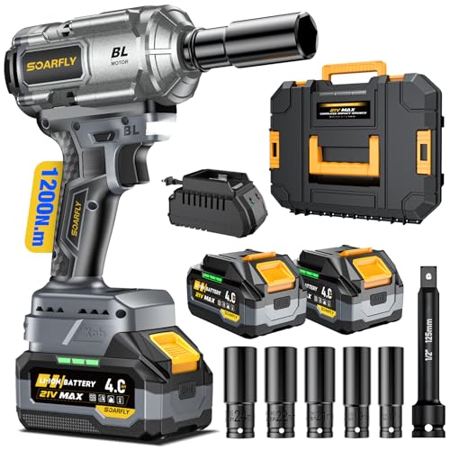 SOARFLY Cordless Impact Wrench 1/2", 900 Ft-Lbs(1200N.m), 2x4.0Ah Batteries - color: Gray
