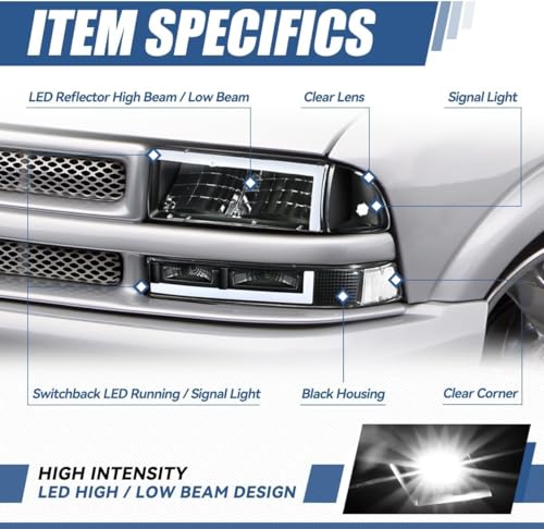 Auto Dynasty 4Pcs Switchback L-LED DRL Headlights Assembly and Bumper Lamps Compatible with Chevy Blazer S10 1998-2004, Driver and Passenger Side, Black Housing Clear Lens - color: Black, size: L-Style LED DRL