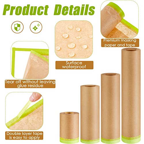 Leinuosen 8 Rolls Masking Tape Sets Includes 6 Assorted Sizes Paint Masking Paper and 2 Vehicles Auto Body Paint Tape Yellow Adhesive Painter Automotive for Car, Furniture, Floor