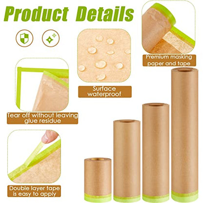 Leinuosen 8 Rolls Masking Tape Sets Includes 6 Assorted Sizes Paint Masking Paper and 2 Vehicles Auto Body Paint Tape Yellow Adhesive Painter Automotive for Car, Furniture, Floor