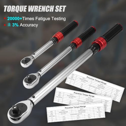 10PCS Click Torque Wrench Set 1/4 3/8 1/2 Drive 72-Tooth ±3% Accuracy Kit
