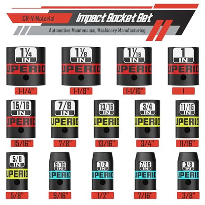 14 Piece 1/2" Drive Impact Socket Set, 3/8" - 1-1/4" Shallow Socket, SAE, 6 Point, CR-V, Automotive Maintenance, Machinery Manufacturing - size: 1/2" Shallow SAE