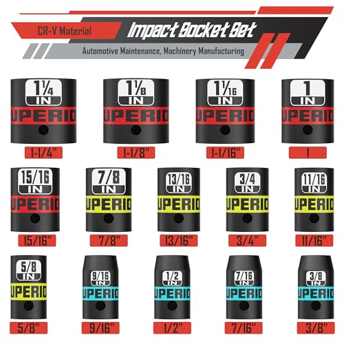 14피스 1.3cm(1/2인치) 드라이브 임팩트 소켓 세트, 1cm(3/8인치) - 3.2cm(1-1/4인치) 얕은 소켓, SAE, 6포인트, CR-V, 자동차 유지 보수, 기계 제조 - size: 1/2" Shallow SAE