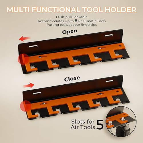 Air Tool Holder, Air Tool Rack for Garage Walls and Tool Cart Storage Organizer，Wall Mounted Lockable Pneumatic Tool Hanger for Air Compressor Tools, Pneumatic Nail Gun, Black-5 Slots - style: 5 Slots Air Tool Holder