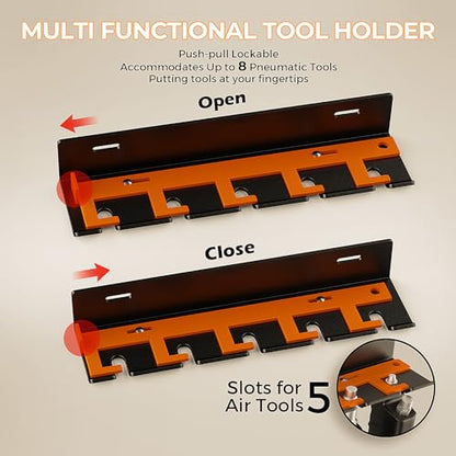 Air Tool Holder, Air Tool Rack for Garage Walls and Tool Cart Storage Organizer，Wall Mounted Lockable Pneumatic Tool Hanger for Air Compressor Tools, Pneumatic Nail Gun, Black-5 Slots - style: 5 Slots Air Tool Holder