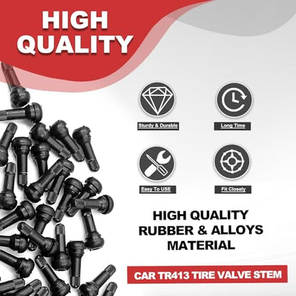 100PCS Car TR413 Tire Valve Stems, for 0.453 Inch Rim Holes, Black Standard Length Replacement Tool, Anti-Rust Snap-in Automotive Tyre Stem Replacement, Universal for RV, SUV, Truck