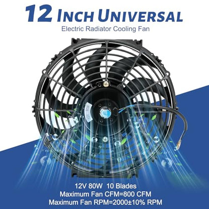 12 inch 12V Universal Slim Pull Push Electric Radiator Cooling Fan with Mounting Kit Black - size: 12"