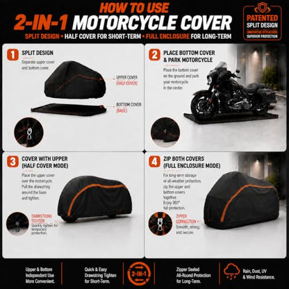 360° Fully Enclosed Motorcycle Cover,All-Season Waterproof Sun-Proof Outdoors Fits Motorcycles,Compatible with Harley Davidson, Honda, Suzuki, Yamaha (XXL119X47X59) - size: XXL119X47X59