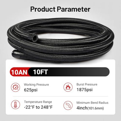 EVIL ENERGY 10AN Fuel Line Kit, 10AN Hose Nylon Braided Fuel Line Hose Fitting Kit CPE Fuel Hose 10FT Black - size: 10AN 10FT