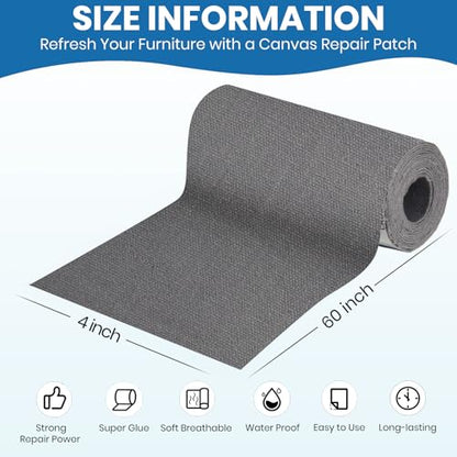 Canvas Patch 4 "x 60 ", Self-Adhesive Waterproof Canvas Patch Set for Repairing Tents, Couch, Boat Covers, Camping Chairs, Awnings, Car Seats.(Dark Gray) - color: Dark Gray, size: 4"×60"