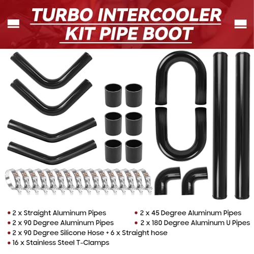 2.5" Universal Aluminum Turbo Intercooler Piping U-Pipe Kit 600mm Aluminum Pipe + 8 Elbow Hose+ 16 Clamps Kit 8PCS - Black - color: Black, size: 2.5"-60cm