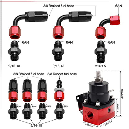 EFI Fuel Pressure Regulator Kit 30-70psi with Gauge 6AN Aluminum Adjustable Universal Fuel Line Hose Fitting Connectors Kit Black&Red - color: Black&Red