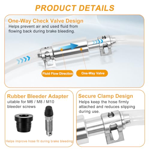 4 Pack Brake Bleeder Hose Kit with One Way Check Valve, Universal Brake Fluid Bleeder Tube with Black Adapter and Metal Clips, Brake Bleeding Tool for Car Motorcycle ATV Hydraulic Brake and Clutch