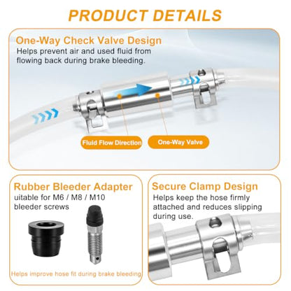 4 Pack Brake Bleeder Hose Kit with One Way Check Valve, Universal Brake Fluid Bleeder Tube with Black Adapter and Metal Clips, Brake Bleeding Tool for Car Motorcycle ATV Hydraulic Brake and Clutch
