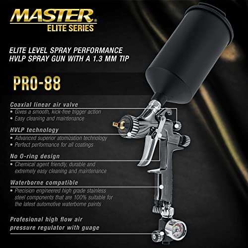 Master Elite Performance PRO-88 HVLP Automotive Spray Paint Gun, 1.3mm Tip - size: 1.3mm