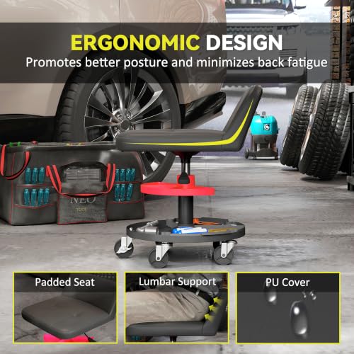HOMCOM Rolling Mechanic Stool, 300 LBS Capacity with 360° Wheels, Black