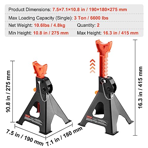 VEVOR Jack Stands, 3 Ton (6,000 lbs) Capacity Car Jack Stands Double Locking, 10.8-16.3 inch Adjustable Height, for Lifting SUV, Pickup Truck, Car and UTV/ATV, Red, 1 Pair - style: 3T 2-Locking