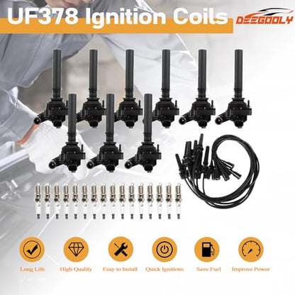 8PCS UF378 Ignition Coils Pack & 16PCS Iridium Spark Plugs & 8PCS Spark Plug Wires Set Compatible with Chrysler Dodge Jeep Magnum Gran Cherokee 300 5.7L V8 - size: UF378 Ignition Coil & Spark Plug & Wires