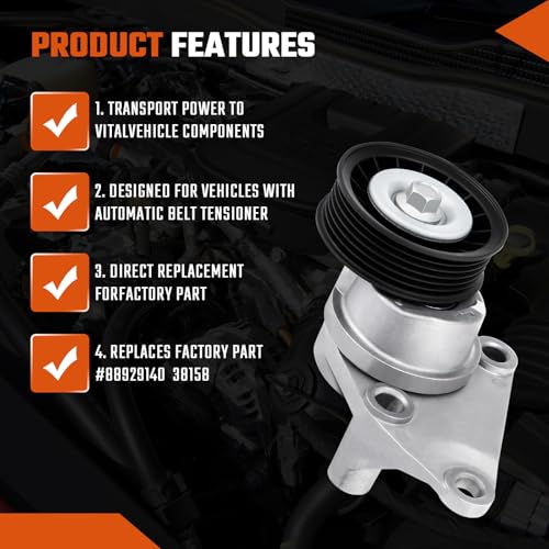 38158 Drive Belt Tensioner Assembly with Pulley Fit for Silverado Sierra 1500 2500 1999-2008, Escalade Tahoe Yukon Escalade 2003-2008 Replace 88929140 - size: 38158