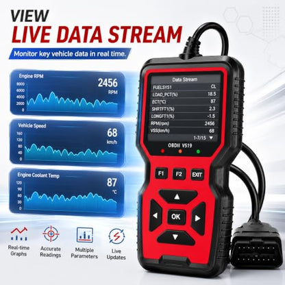 OBD2 Scanner Diagnostic Tool - Check Engine Light Code Reader, Reset Function, Data Stream, I/M Readiness, Full Features, Modes 6 & 8, for All 1996+ Vehicles
