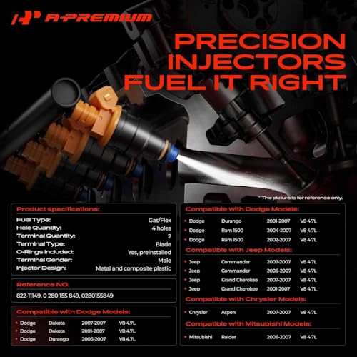 A-Premium 4 Holes Set of 8 Fuel Injectors Compatible with Dodge, Jeep