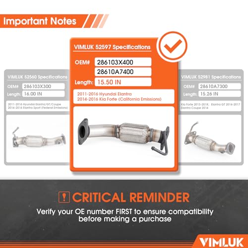 Exhaust Flex Pipe Compatble with 2011-2016 Elantra1.8 &2013 Elantra Coupe & Elantra GT 1.8L & 2014-2016 Forte 1.8L OE# 286103X400 & 28610A7400 (VK-52597) - size: Coupe/GT/Forte