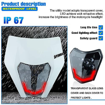 Headlight Head Lamp Light Fairing Mask Day Running Light For ATV Scooters Dirt Pit Bike Enduro (White+Red DRL) - color: White Red DRL