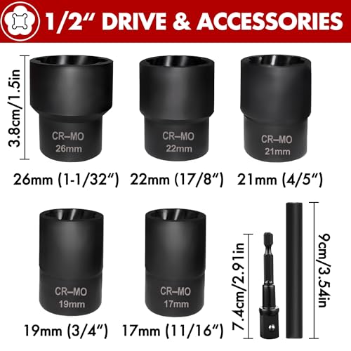 7 PCS Lug Nut Remover Socket Set Heavy Duty 1/2" Drive Wheel Lock Bolt Extractor Kit Large Size 17-26mm for Stripped, Damaged, Rounded Bolts and Fasteners, Cr-Mo Steel - size: 1/2"(17-26mm)