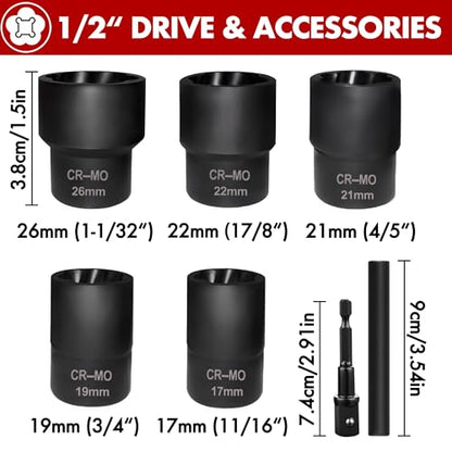 7 PCS Lug Nut Remover Socket Set Heavy Duty 1/2" Drive Wheel Lock Bolt Extractor Kit Large Size 17-26mm for Stripped, Damaged, Rounded Bolts and Fasteners, Cr-Mo Steel - size: 1/2"(17-26mm)