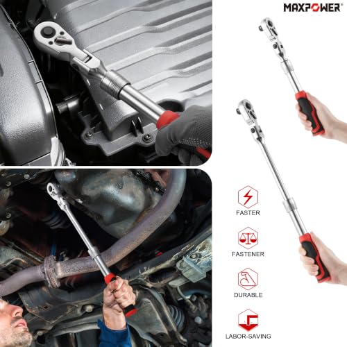 MAXPOWER 1/2" Drive Flex Head Ratchet, Extendable 12.6"-18.1", Soft Grip - size: 1/2"