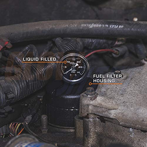 GlowShift Liquid Filled Black 30 PSI Fuel Pressure Gauge, 1-1/2" 38mm