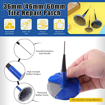 Glarks 26Pcs Tire Repair Patch Tool Kit Including 1Pc Tire Patch Roller, 1Pc Tire Inner Liner Scraper and 24Pcs 4mm/6mm/9mm Tire Repair Patch Plug for Car, Motorcycle, Electric Vehicle Repairing