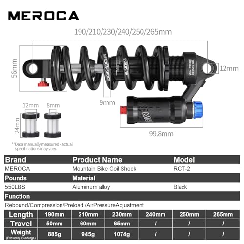 MEROCA 265mm Adjustable Air Spring Coil Over Rear Shock Absorber - size: 265mm*550lbs