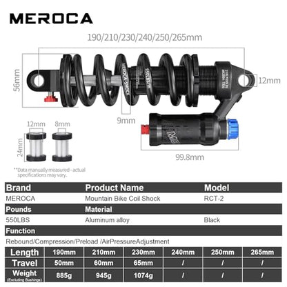 MEROCA 210mm Adjustable Air Spring Coil Over Rear Shock Absorber - size: 210mm*550lbs