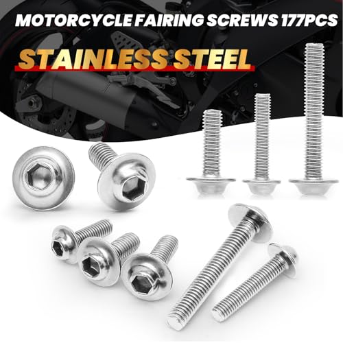 177Pcs Motorcycle Fairing Bolt Kit Silver, M5 M6 Windscreen Screws - color: Chrome