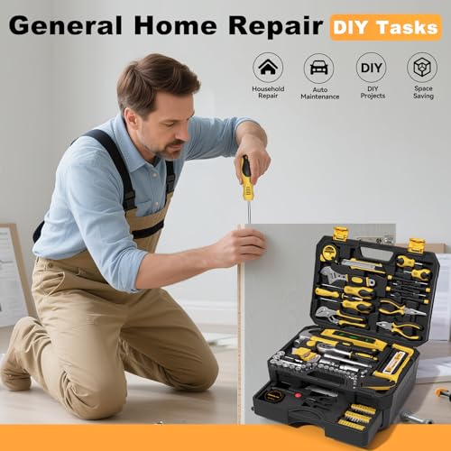 328 Piece Tool Kit for Home,Hand Repair Tool Set,Toolbox Storage Case with Drawer,General Household/Auto Tool Kit,Perfect for Homeowner, DIY, Handyman - color: Black and yellow