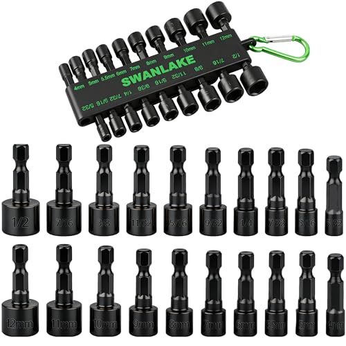 SWANLAKE 20PCS Power Nut Driver Set for Impact Drill, 1/4” Hex Head Drill Bit Set SAE and Metric - color: 20pcs Standard Version Black