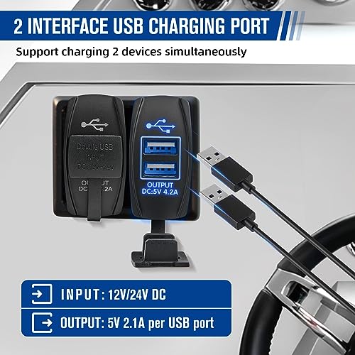 Anina 4.2A Rocker Switch Style Dual USB Charger Blue LED Light, Waterproof USB Port with 10A Fuse for Marine Toggle Switch Panel on 12V-24V Car ATV UTV Boat Polaris Can-Am, Universal Quick Charger