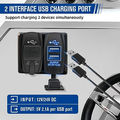 Anina 4.2A Rocker Switch Style Dual USB Charger Blue LED Light, Waterproof USB Port with 10A Fuse for Marine Toggle Switch Panel on 12V-24V Car ATV UTV Boat Polaris Can-Am, Universal Quick Charger