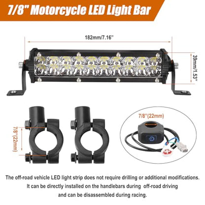 Dirt Bike Light Bar LED 60W 2500LM Motorcycle Headlight Kit Switch Universal for 7/8" Handlebars CRF110 CRF230F CRF250F TTR110 TTR110E 2008-2022 KLX110 KLX140 RM85 RMZ250 YZF450 All Years Pit Bike