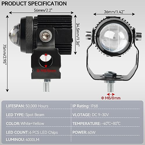 AUTOXBERT 2PCS Motorcycle LED Driving Fog Lights，60W High Low Beam White and Amber Lights Motorcycle Auxiliary Spotlight for Jeep Offroad ATV SUV
